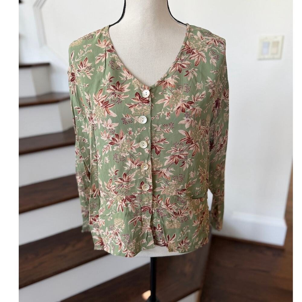 Vintage 90s April Cornell Sage Green Red Leaf Print Button Down Blouse
